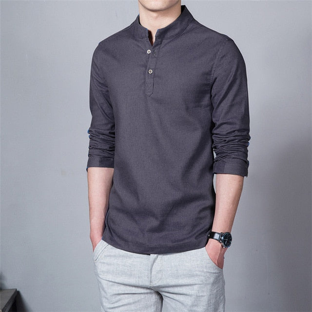 black linen stand collar long sleeve polo shirt