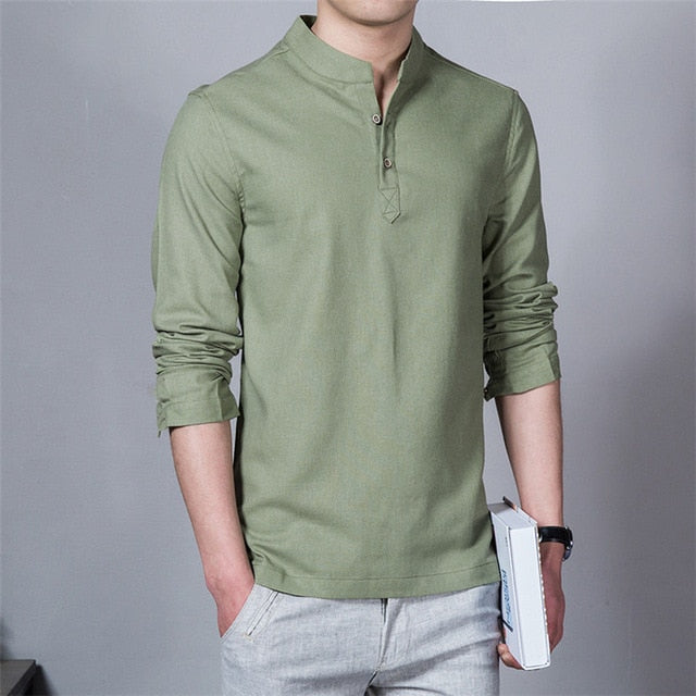 sage green stand collar long sleeve polo shirt
