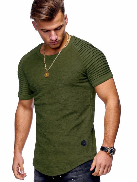 army green ribbed sleeve curved hem short sleeve shirt