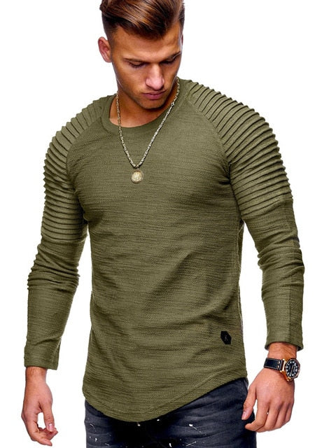 army green ribbed sleeve curved hem long sleeve shirt