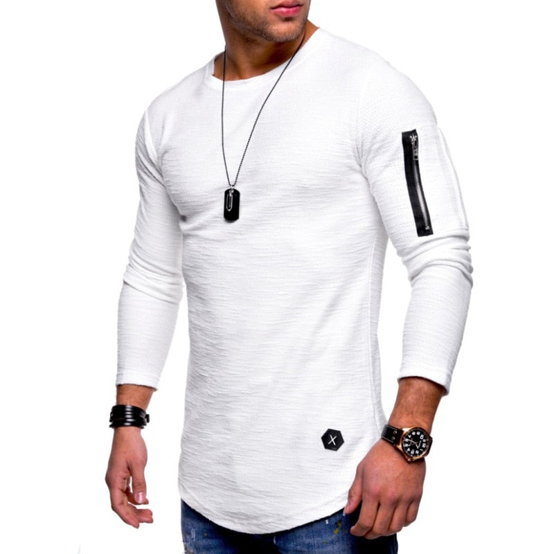 white long sleeve curved hem zipper pocket shirt