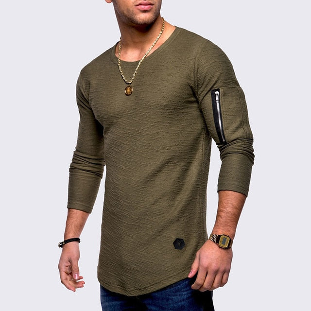 army green long sleeve curved hem zipper pocket shirt