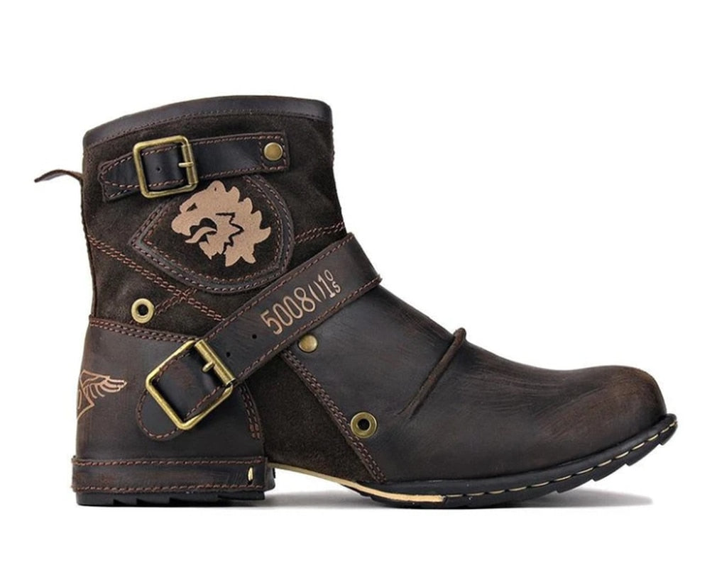 brown leather gold buckle motorcycle boots