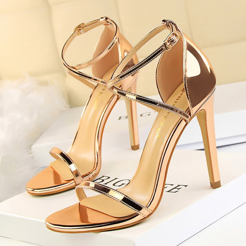 shiny champagne nude rose color open toe strap high heel sandals