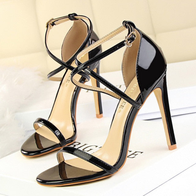 shiny black open toe strap high heel sandals