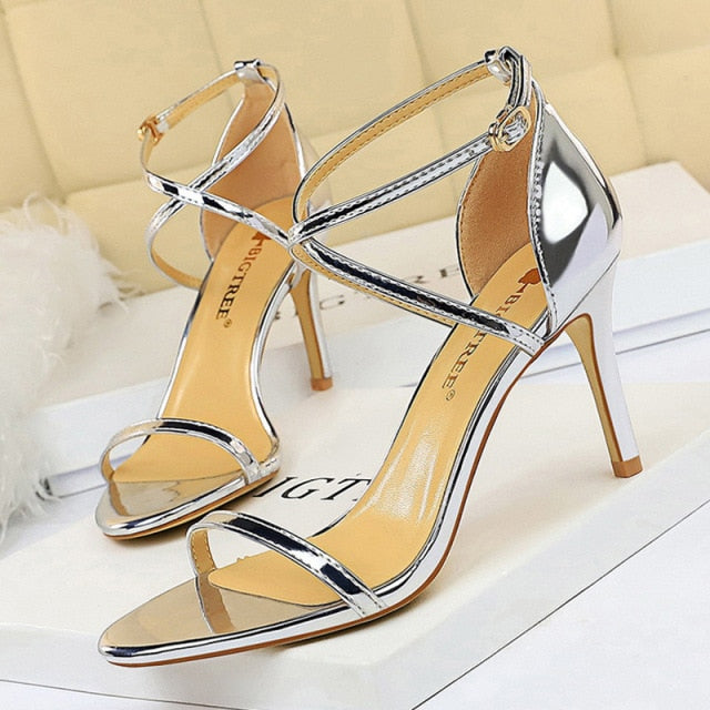 shiny silver open toe strap high heel sandals
