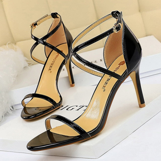 shiny black open toe strap high heel sandals