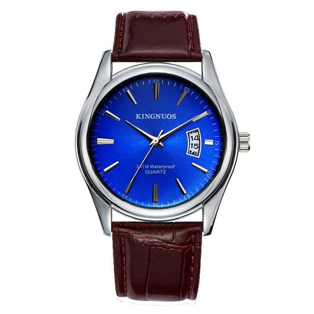 blue face brown leather band watch kingnuous