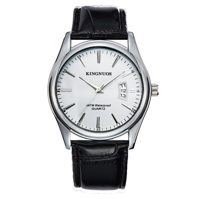 white face stainless steel leather watch kingnuous