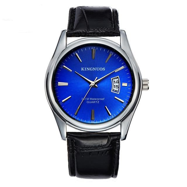 blue face black leather band watch kingnuous