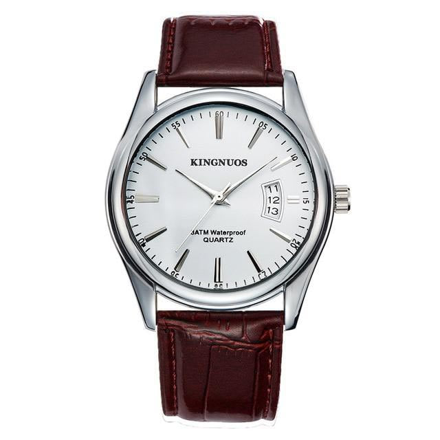 white face brown leather band watch