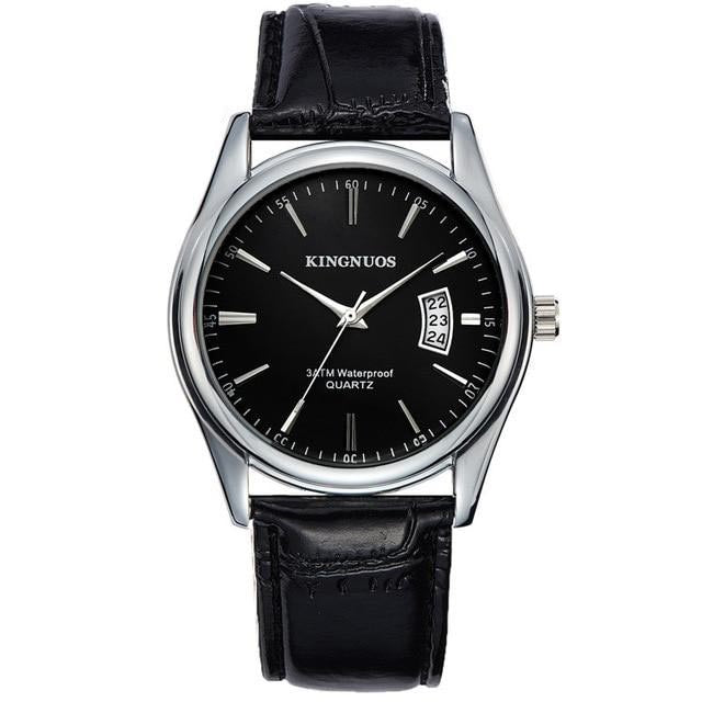 black face black leather band watch