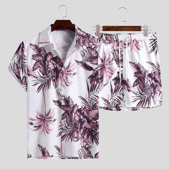 purple white palm tree pattern hawaiian beach short set men