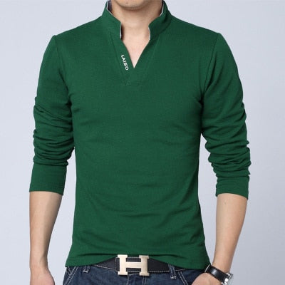 v-neck stand up collar long sleeve shirt men green