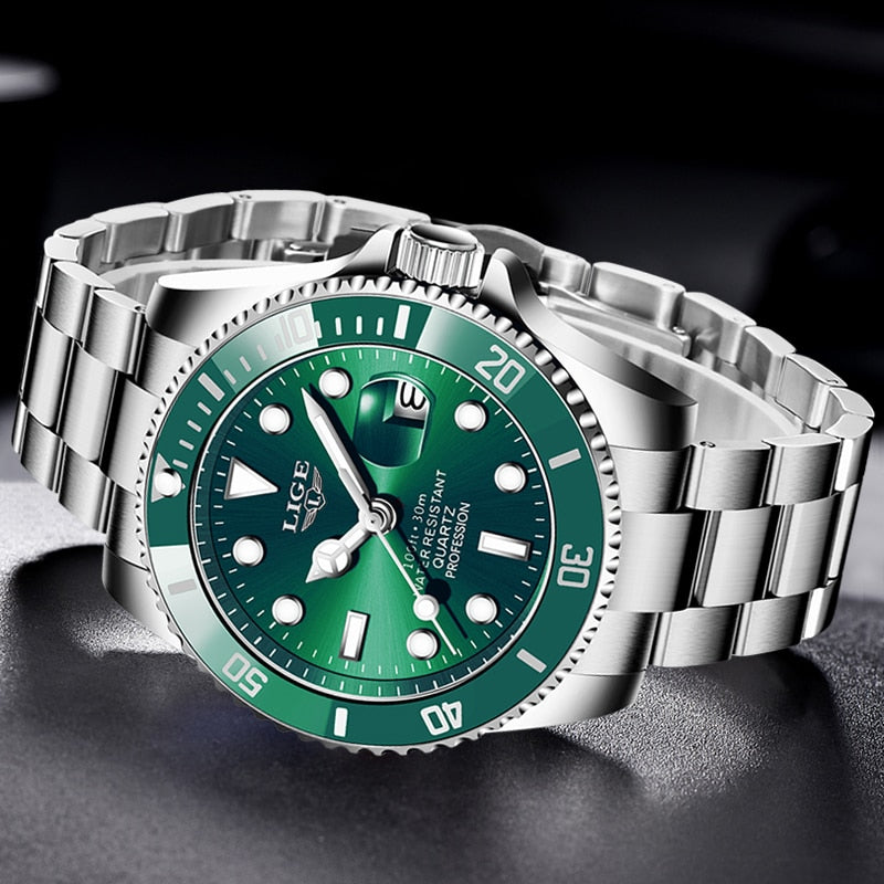 luxury green face stainless steel lige watch men