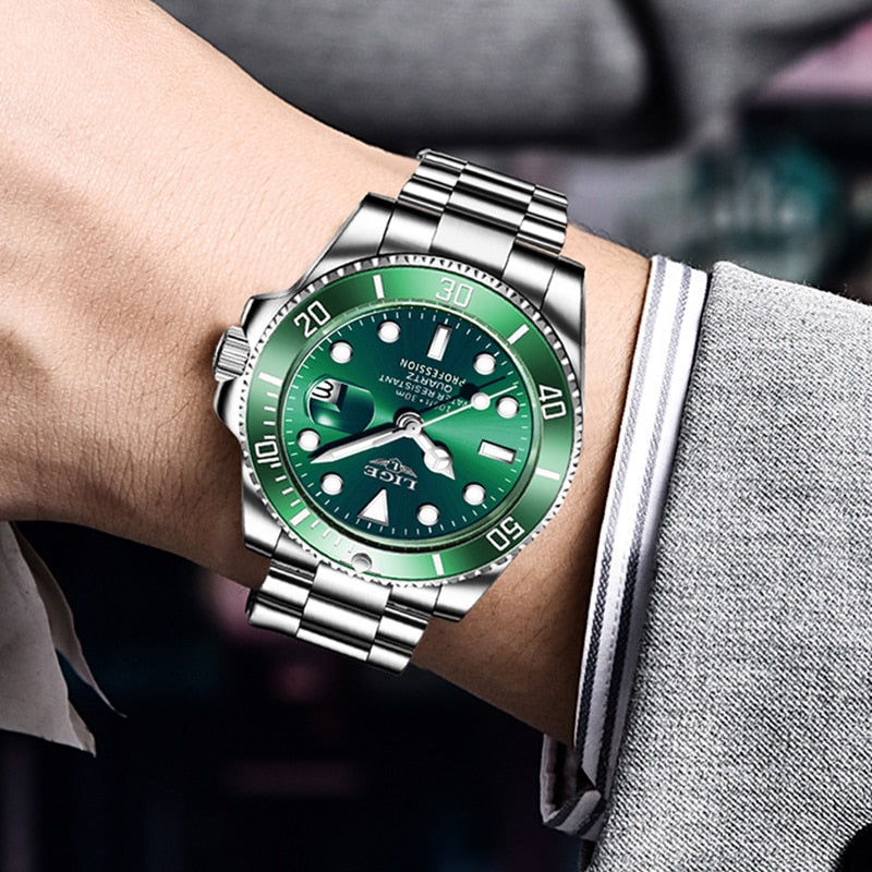 green face stainless steel watch men on wrist
