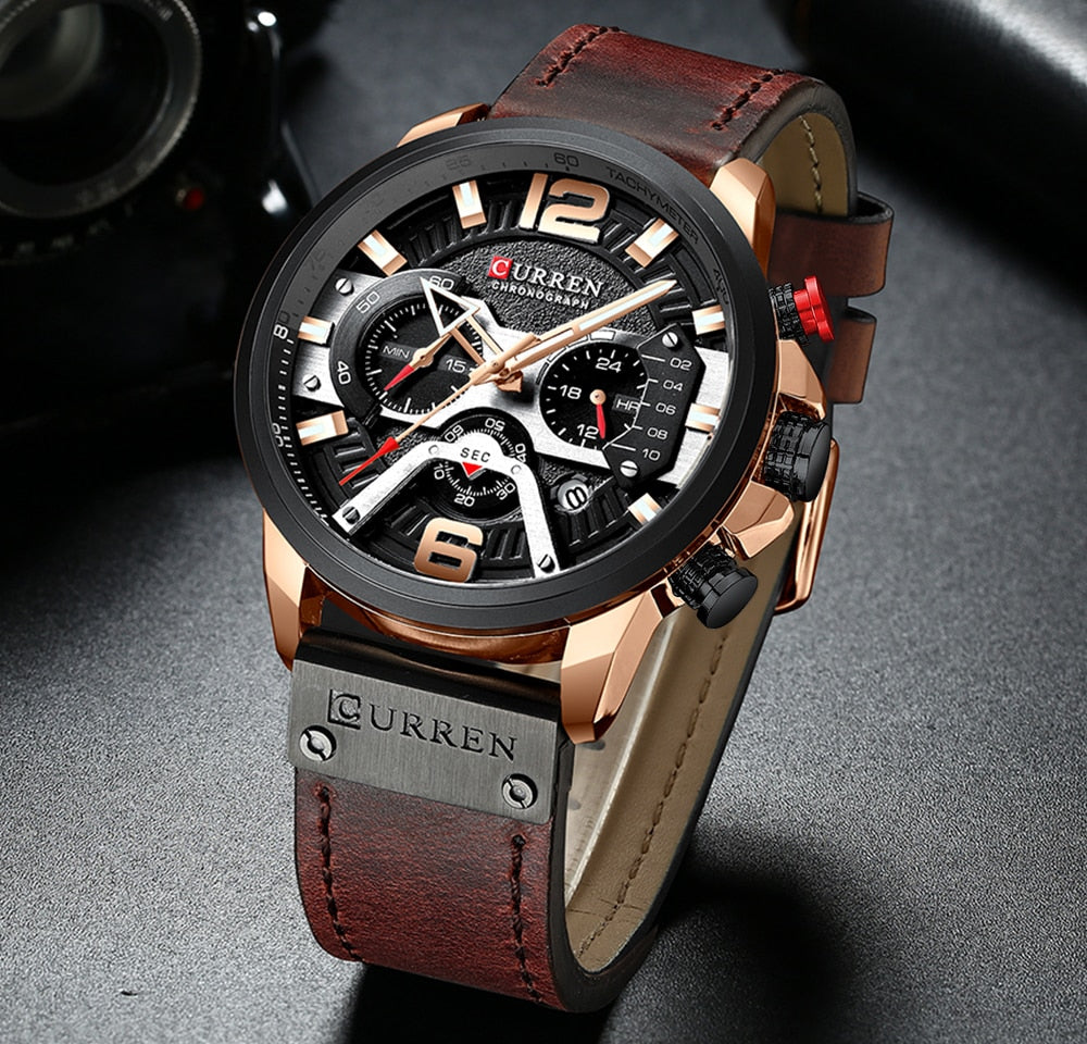 black rose gold brown leather band watch
