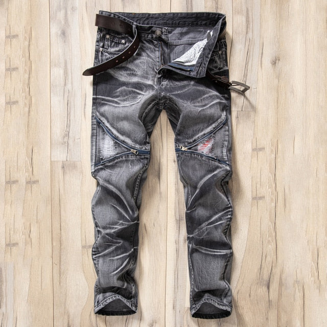 denim zipper style slim fit biker jeans gray black