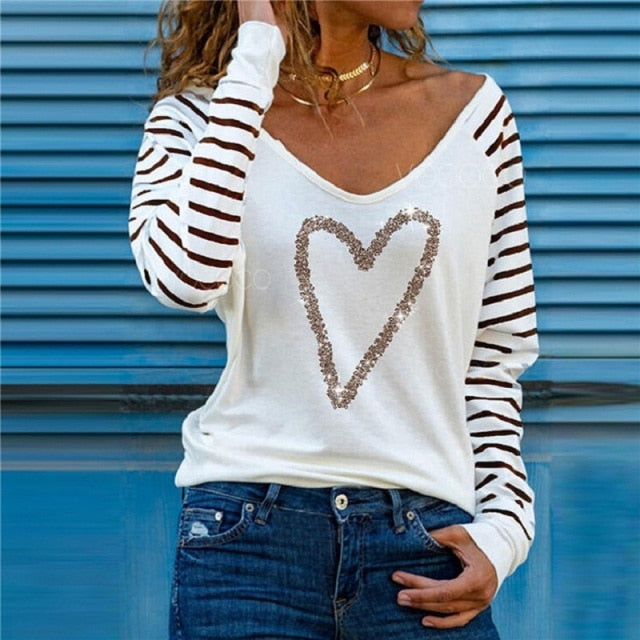 white large heart long sleeve shirt women