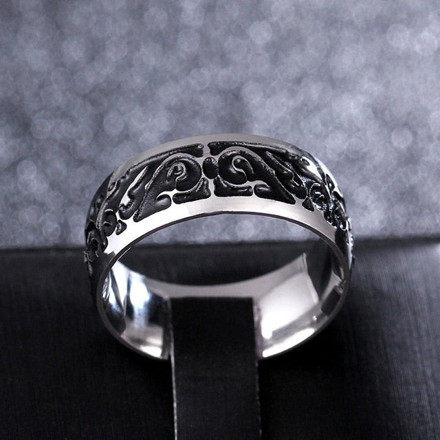 polished titanium leaf engraved ring men 