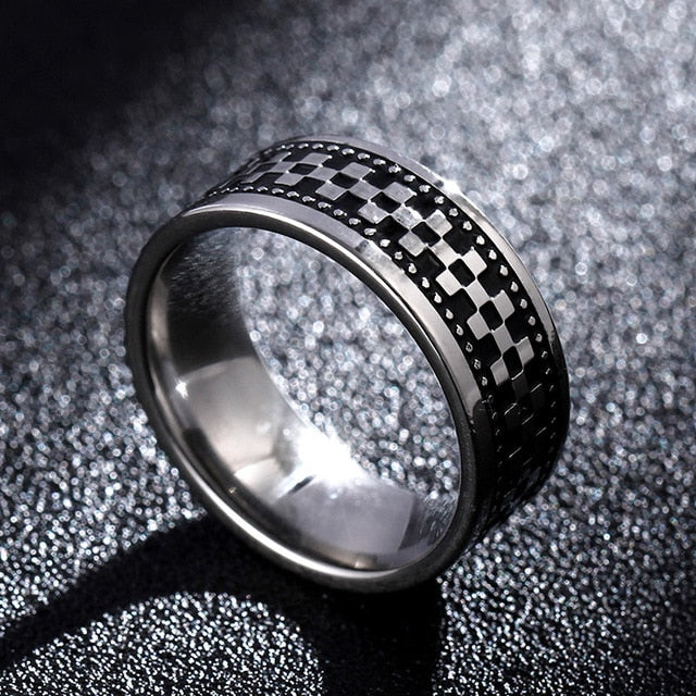 polished titanium checker engraved ring men 