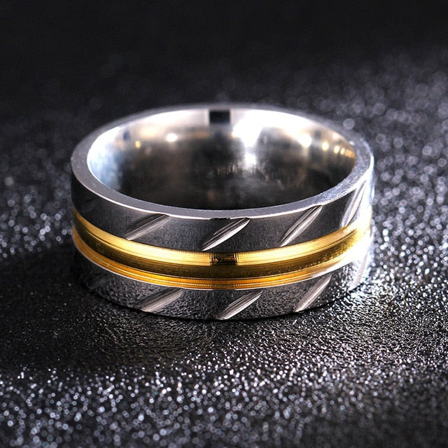 polished titanium gold stripe engraved ring men 