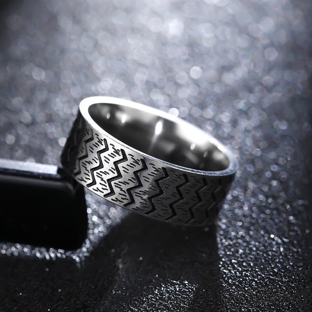 polished titanium wave engraved ring men 