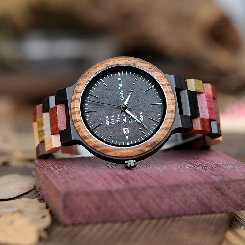 black face multi color wood watch