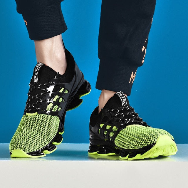 black and neon yellow athletic running shoes