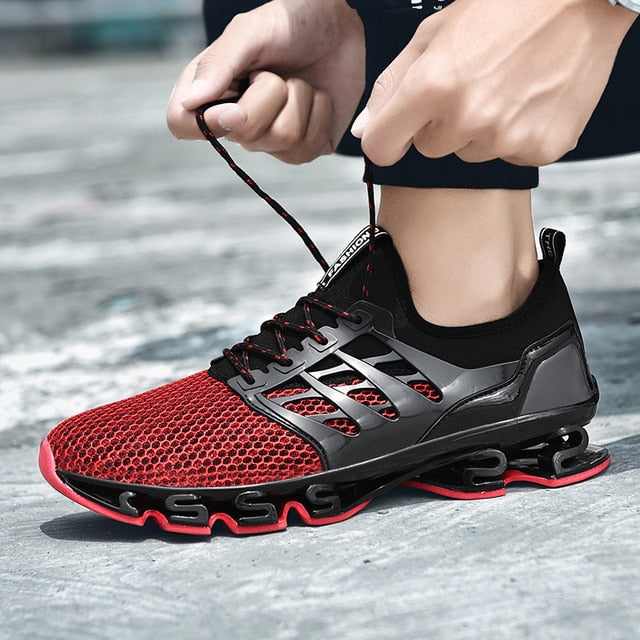 black and red blade sole running shoes