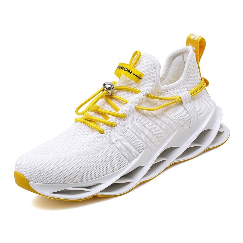 white with yellow sole and laces sneakers