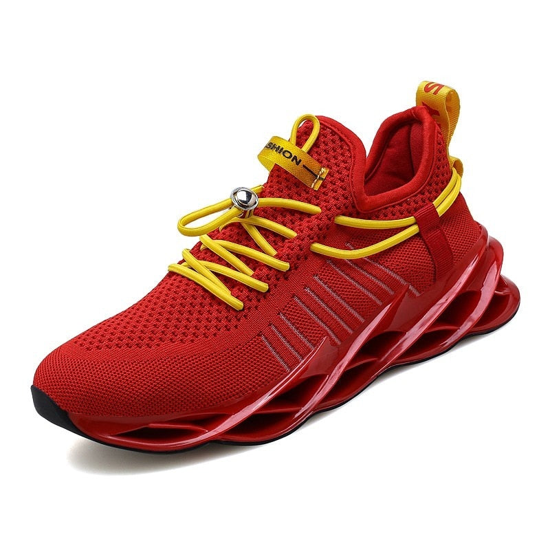 red and yellow running shoes