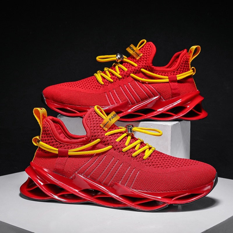 red yellow stripe running shoes