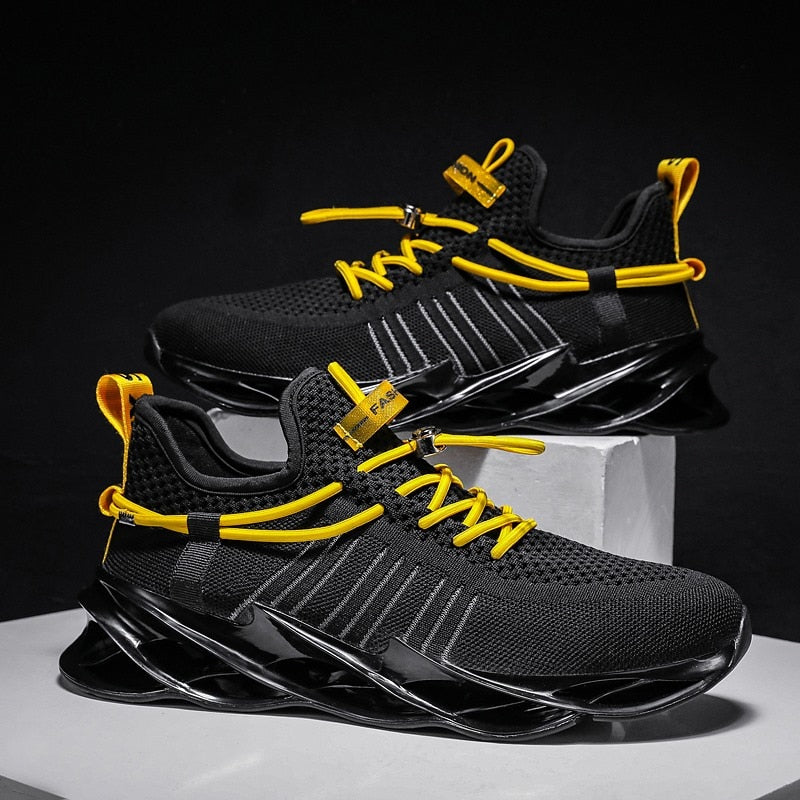 black yellow stripe running shoes