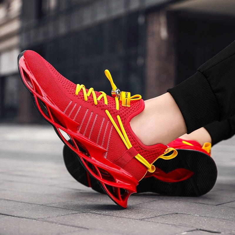 red and yellow laces running shoes