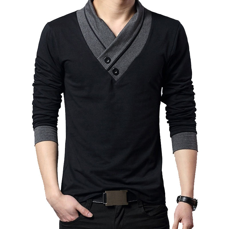 black and gray long sleeve v-neck shawl style long sleeve shirt