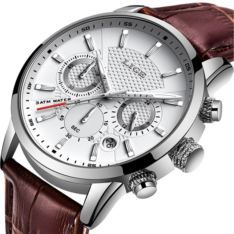white face brown leather stainless steel watch