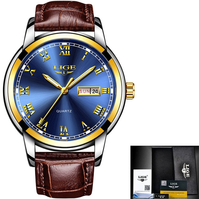 blue gold face brown leather stainless steel watch