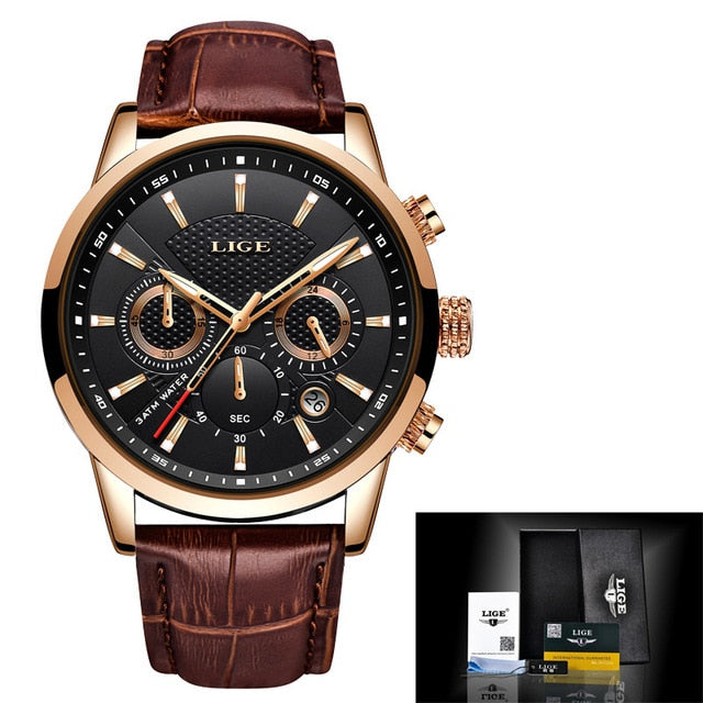 black face brown leather rose gold watch