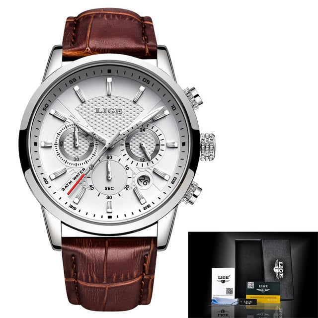white face brown leather stainless steel lige watch