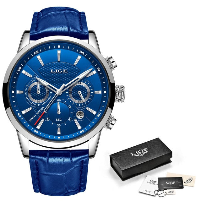 blue face blue leather stainless steel watch