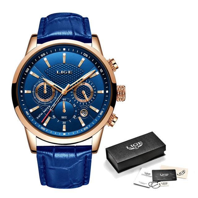blue face blue leather rose gold watch