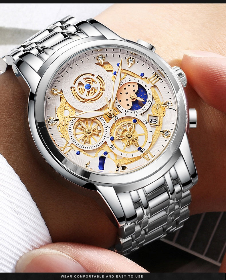 white with blue & gold big face luxury watch