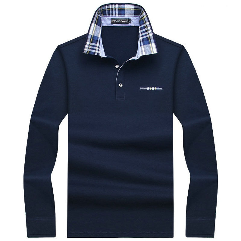 navy blue button up long sleeve plaid collar polo shirt