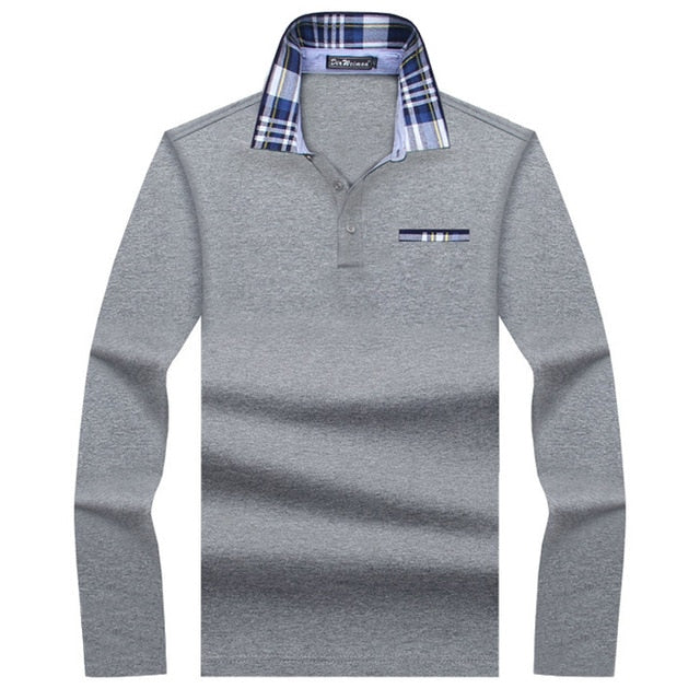 light gray button up long sleeve plaid collar polo shirt
