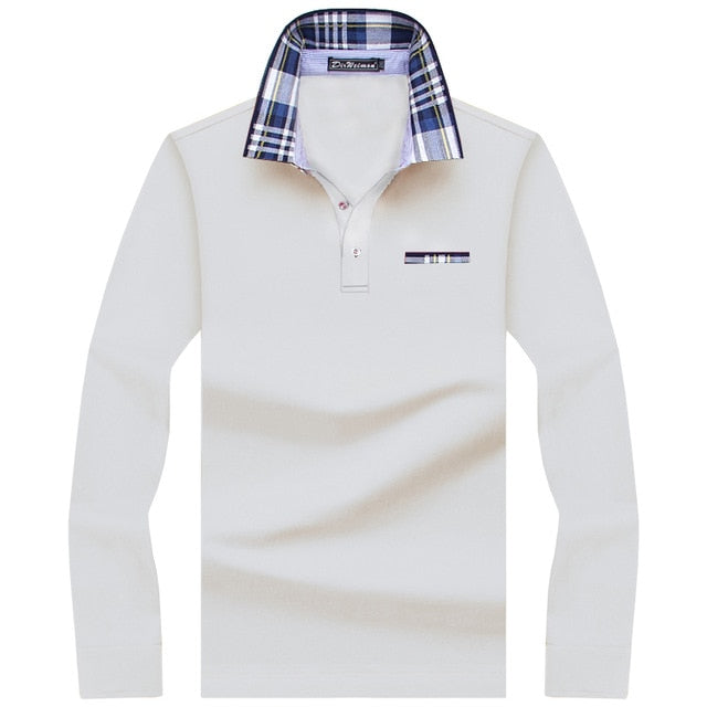 white button up long sleeve plaid collar polo shirt