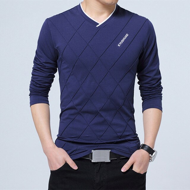 blue argyle hem solid gray long sleeve v-neck shirt
