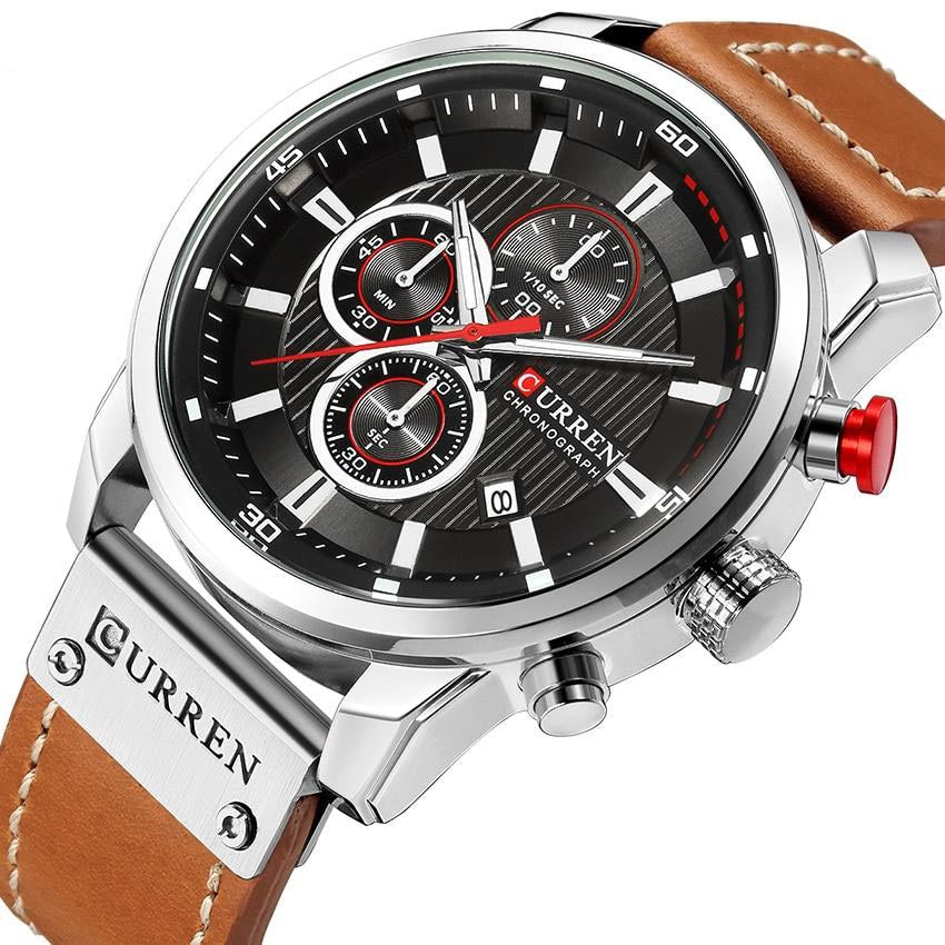 black face stainless steal red accents stainless steel camel leather band curren watch