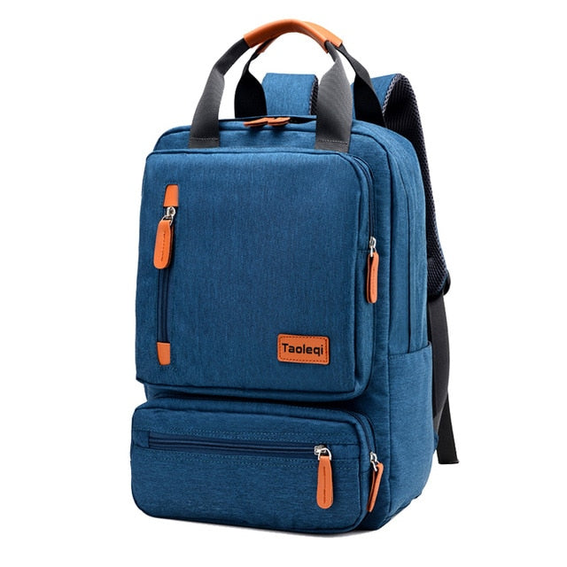 bright blue canvas camel leather accents laptop backpack