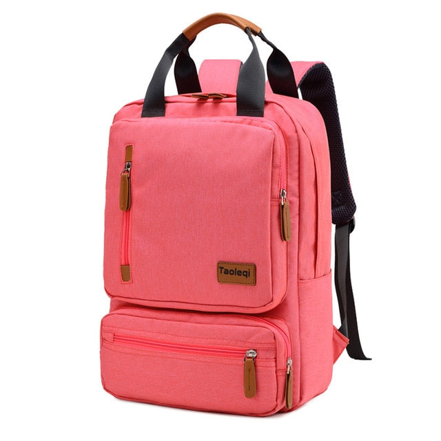 pink canvas camel leather accents laptop backpack